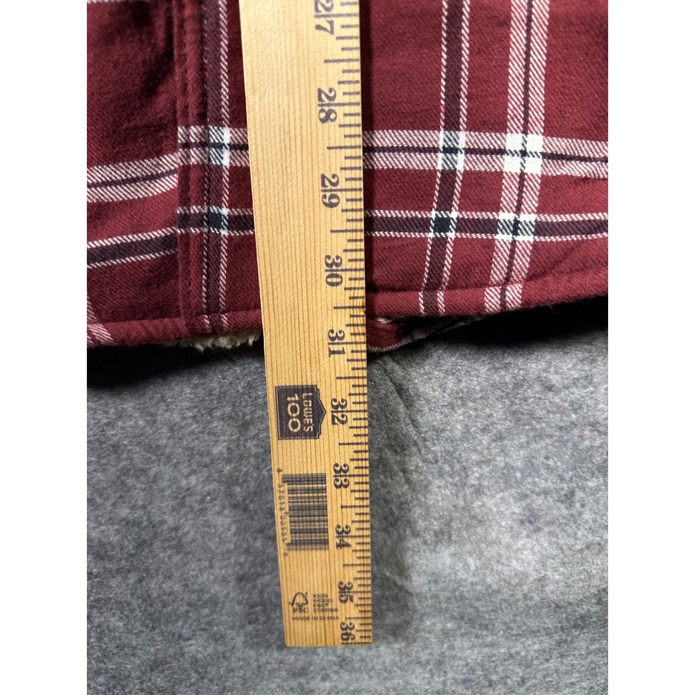 Wrangler Mens Flannel Shirt Jacket Sherpa Lined Plaid Button Up Maroon White - Picture 4 of 5